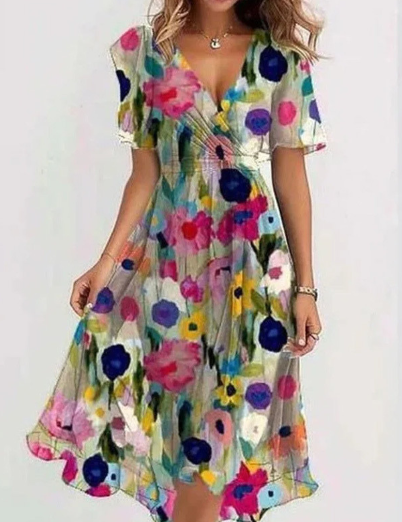 Estelle Ravenclair | Floral Chiffon Midi Wrap Dress with Flutter Sleeves