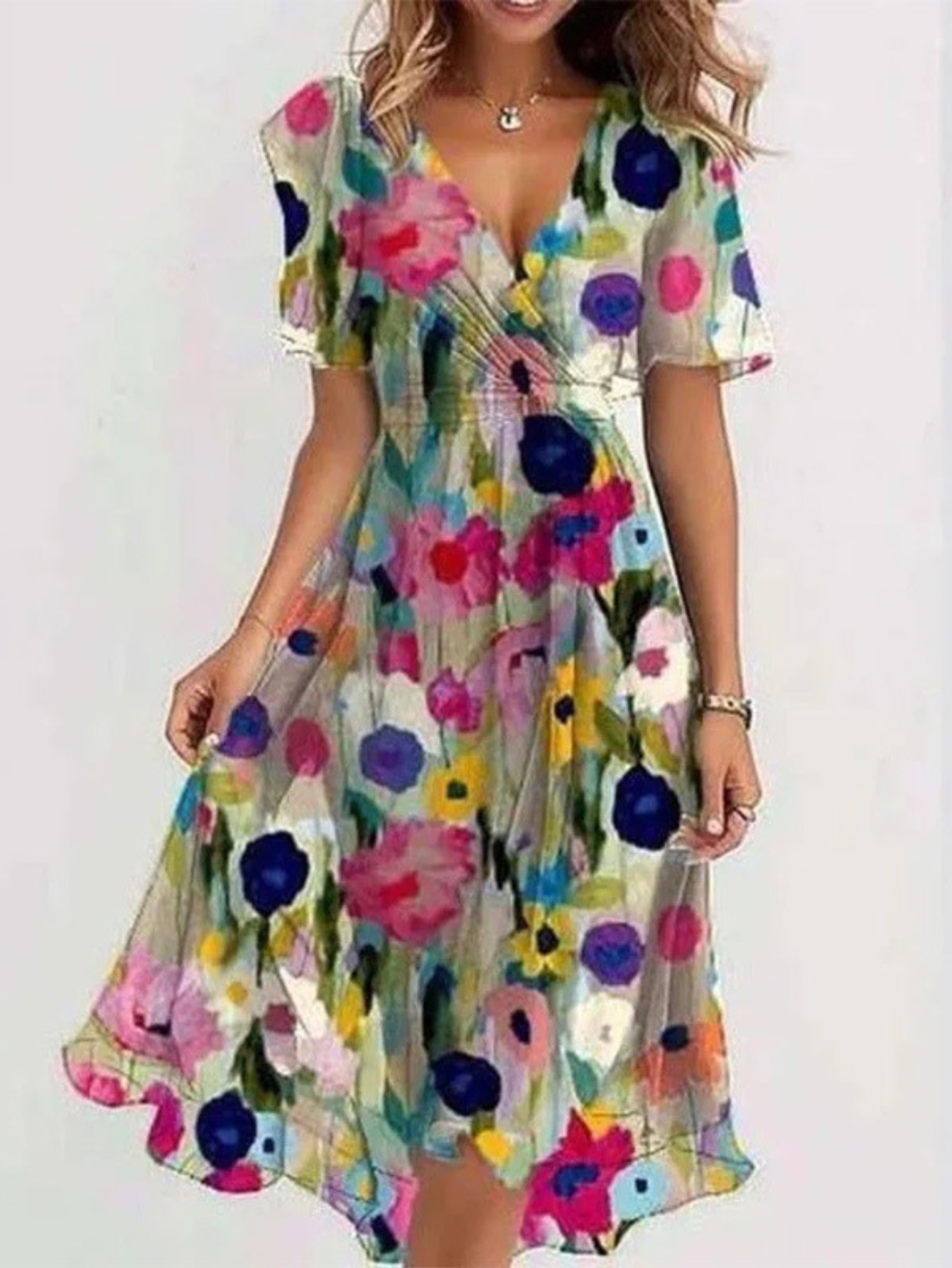 Estelle Ravenclair | Floral Chiffon Midi Wrap Dress with Flutter Sleeves