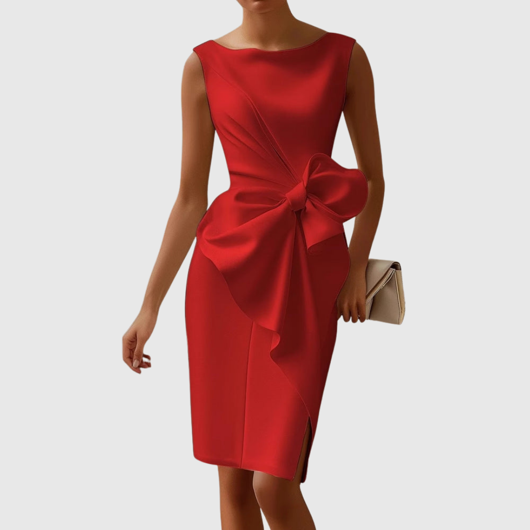 Aurienne Blackwell | Black Sleeveless Boat Neck Midi Dress with Bow