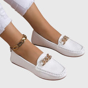 Elspeth Montrouge | White Flat Loafers with Gold Chain Detail