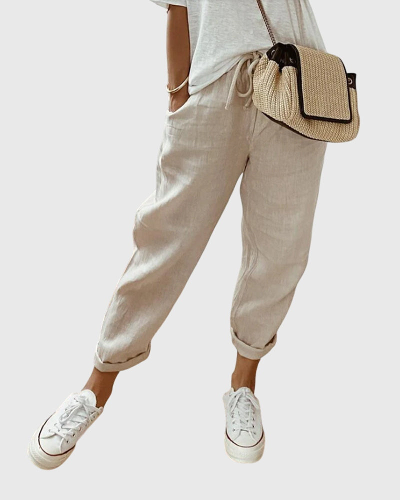 Céleste Duranville | High Waist Linen Drawstring Pants in Beige