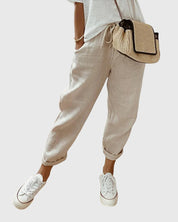 Céleste Duranville | High Waist Linen Drawstring Pants in Beige