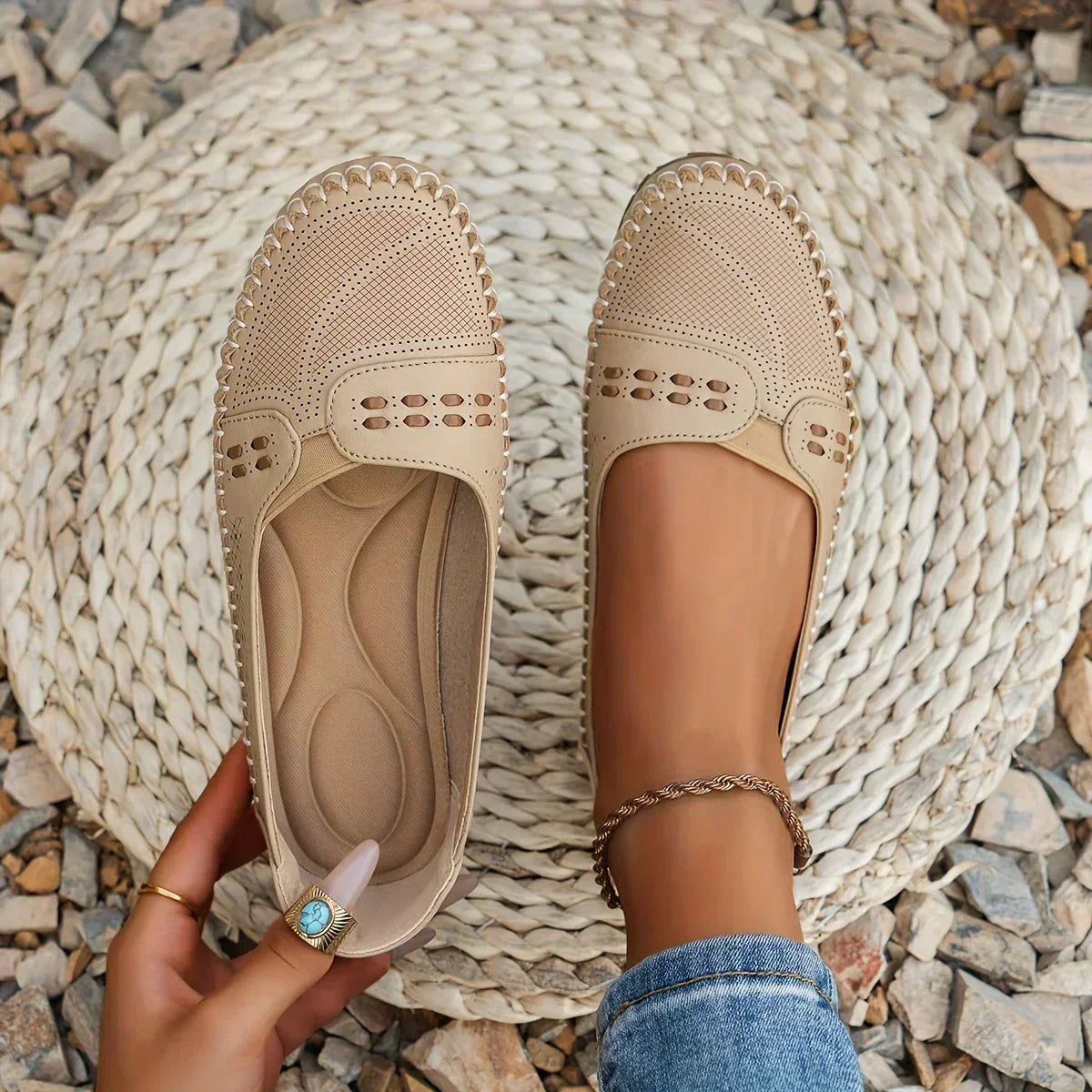 Camille Velthorpe | Beige Perforated Slip-On Comfort Flats