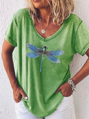 Celestine Roquefort | Dragonfly Print V-Neck Washed Pink Tee