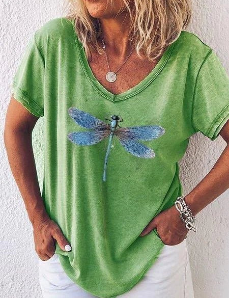 Celestine Roquefort | Dragonfly Print V-Neck Washed Pink Tee