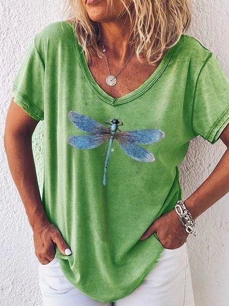 Celestine Roquefort | Dragonfly Print V-Neck Washed Pink Tee