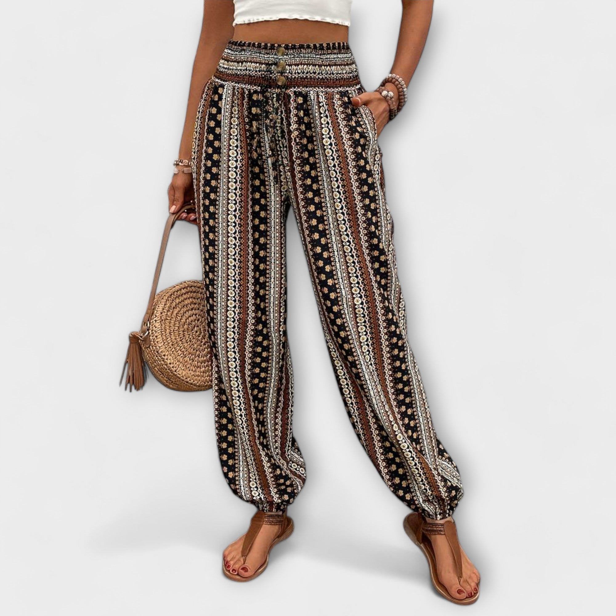 Coralie Deschamps | Boho Ethnic Print Smocked Waist Harem Pants