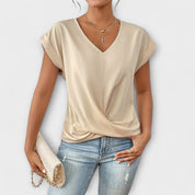 Léonie Charpentier | Brown V-Neck Twist Hem Short Sleeve Top