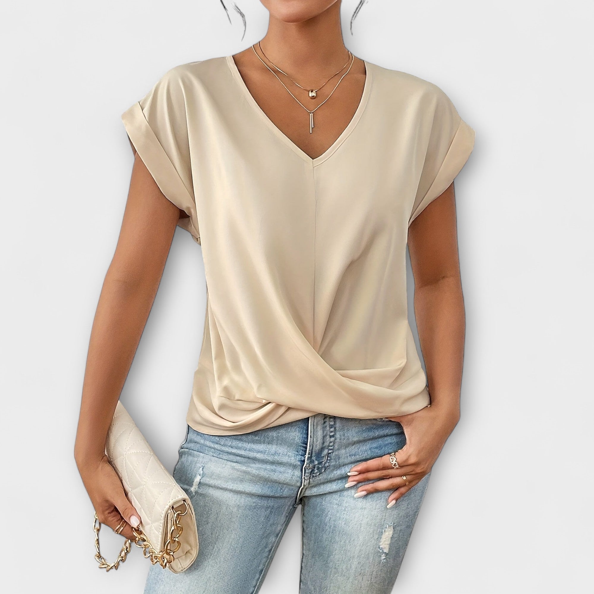 Léonie Charpentier | Brown V-Neck Twist Hem Short Sleeve Top