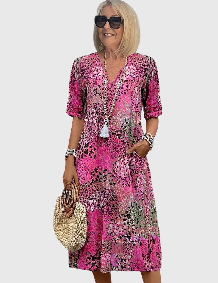 Celestine Dawnmere | Boho Floral Midi Dress with V-Neck