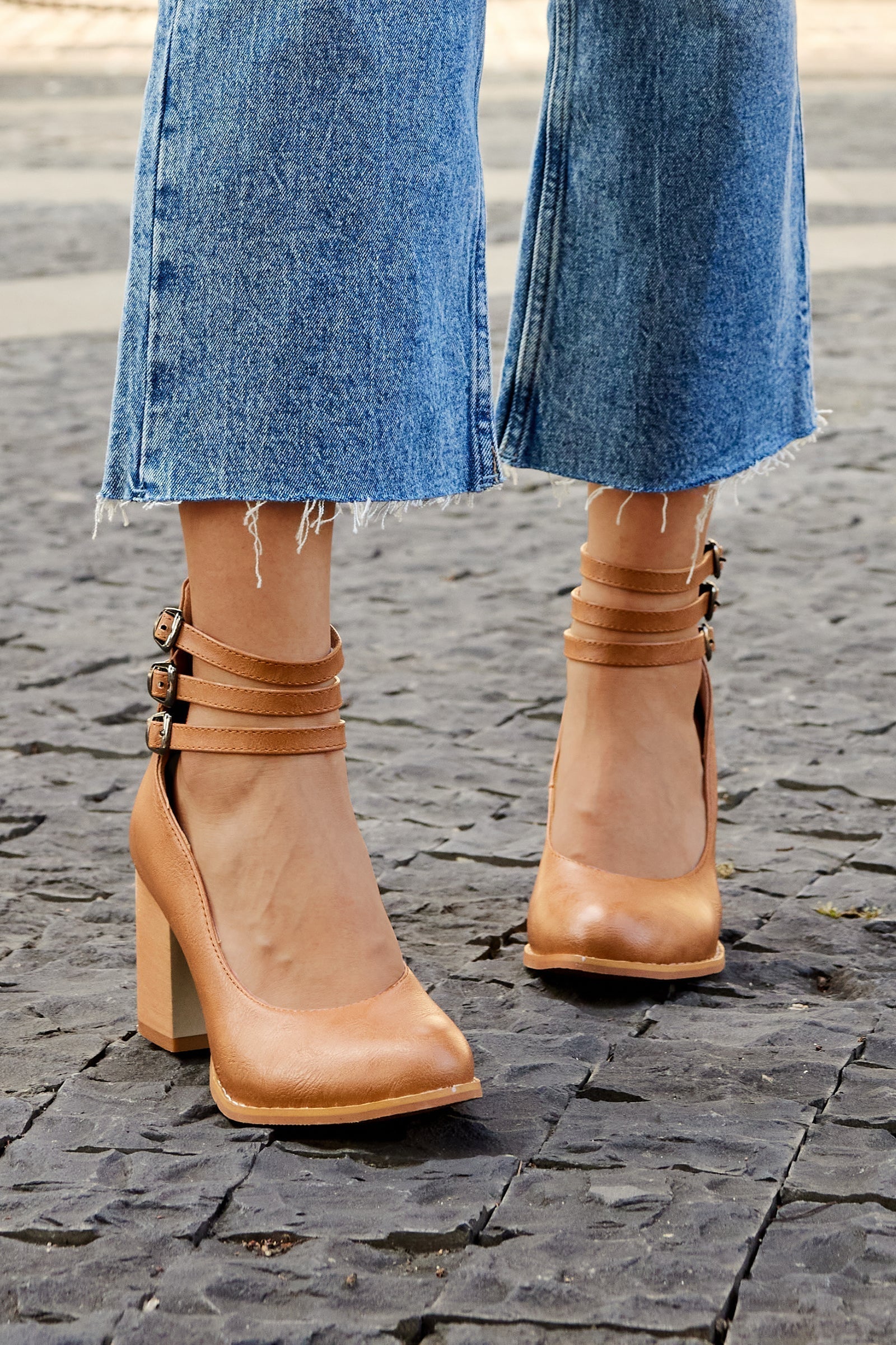 Mathilde Renoncourt | Tan Block Heel with Double Ankle Strap