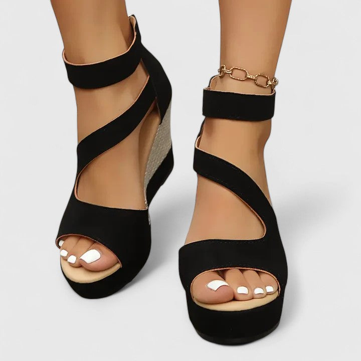 Céleste Wyndmoor | Black Wedge Sandals with Elastic Straps