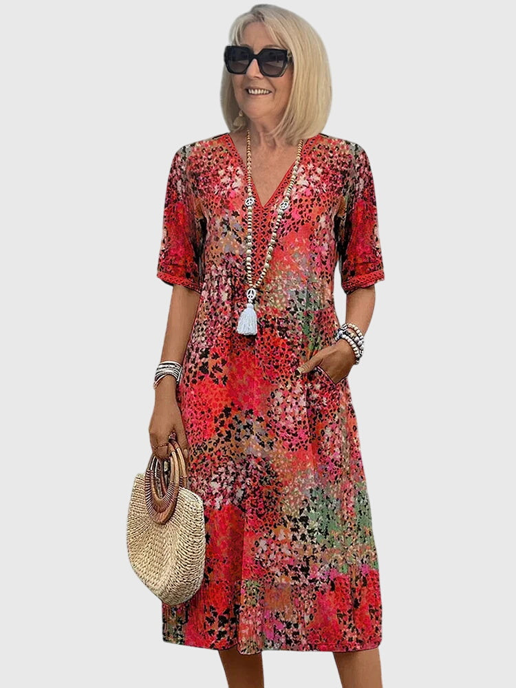 Celestine Dawnmere | Boho Floral Midi Dress with V-Neck