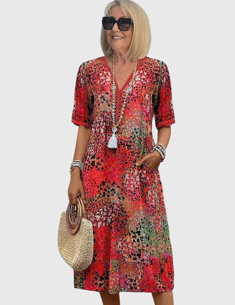 Celestine Dawnmere | Boho Floral Midi Dress with V-Neck