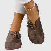 Eleonora Ravensfield | Vintage Brown Suede Slip-On Flats with Button Detail