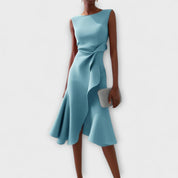 Celestine Beauvray | Red Sleeveless Asymmetric Draped Midi Dress