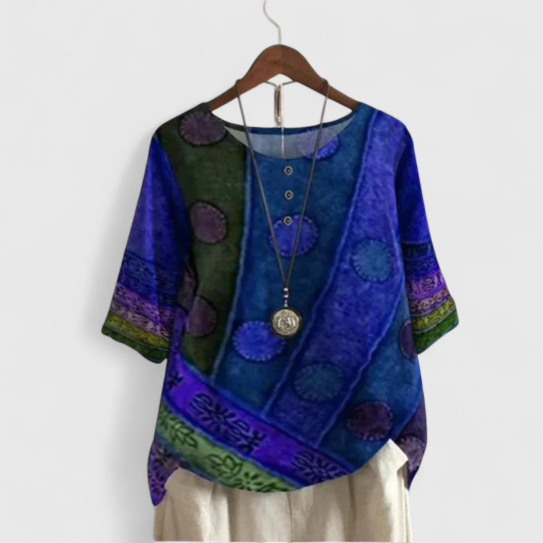 Rosalind Devereaux | Bohemian Patchwork Print Short-Sleeve Top