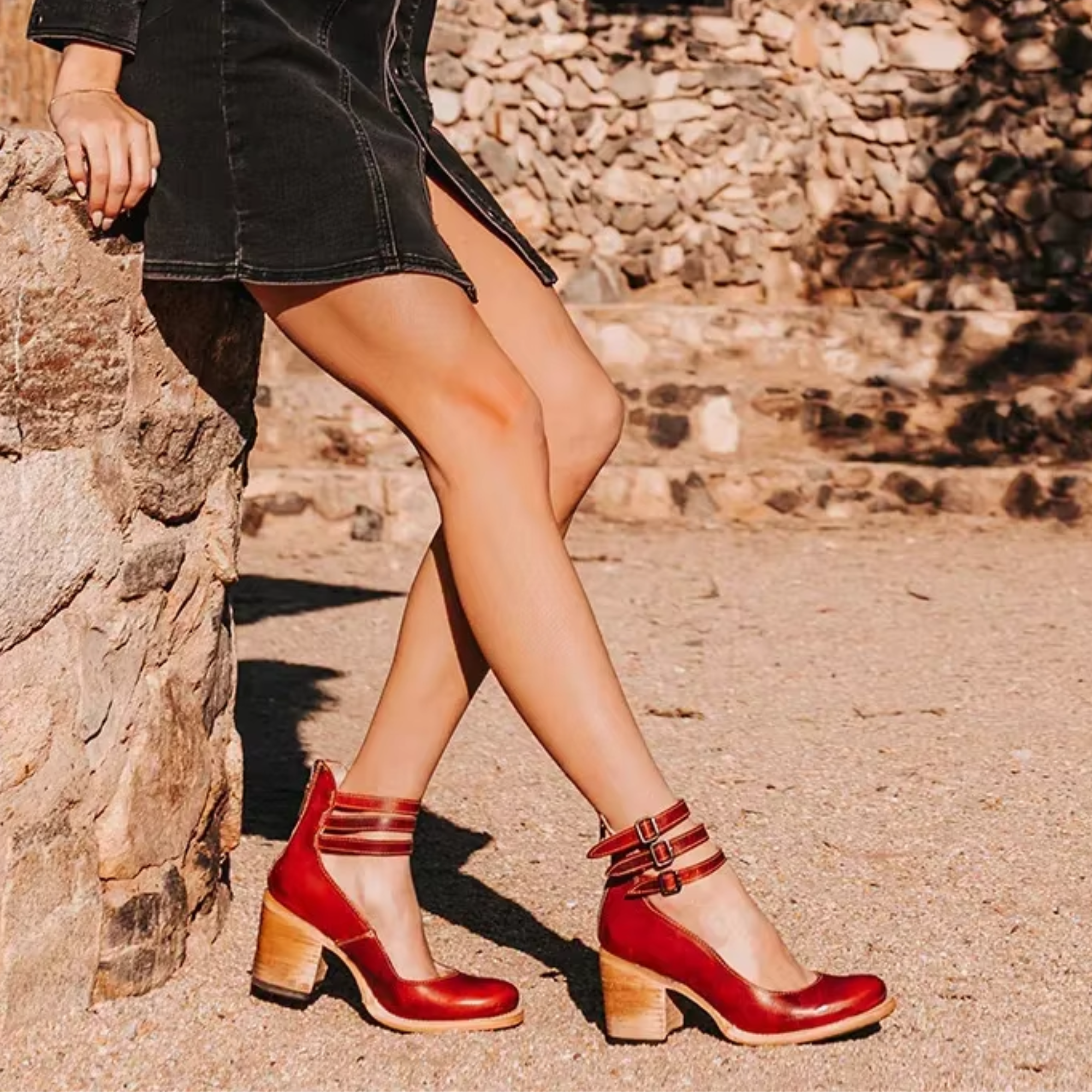 Eleanora Vosswick | Tan Leather Block Heel Ankle Boot with Double Buckle Straps