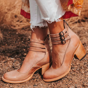 Eleanora Vosswick | Tan Leather Block Heel Ankle Boot with Double Buckle Straps