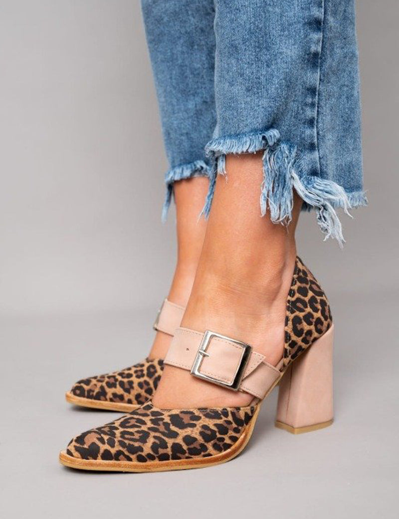 Claudine Marceau | Leopard Print Block Heel Pumps with Buckle Strap