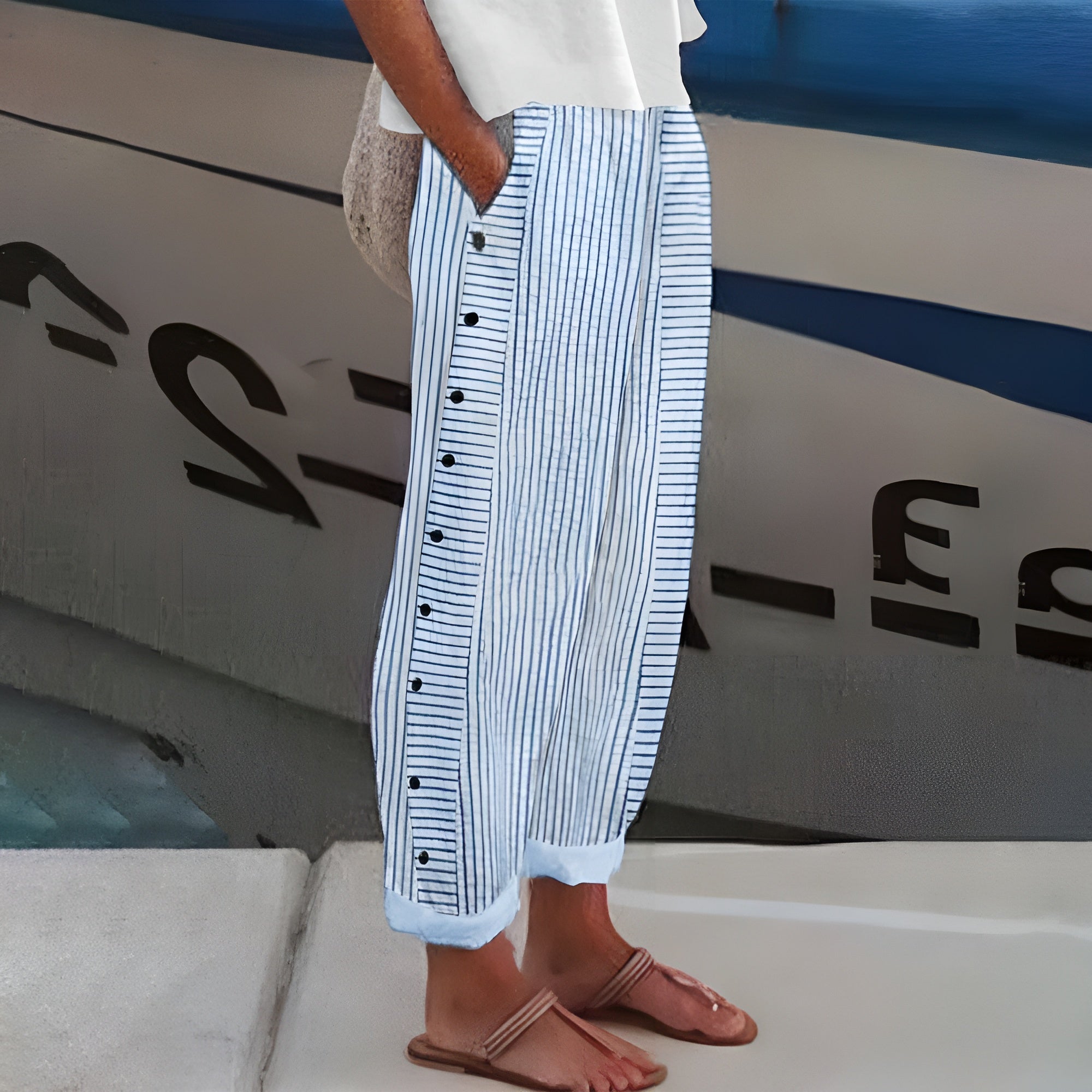Mireille Fontblanc | Blue Striped Wide-Leg Trousers with Side Pockets