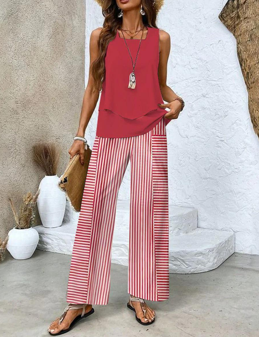 Sylvette Montcourt | Sleeveless Layered Top & Leaf-Print Wide-Leg Pants Set