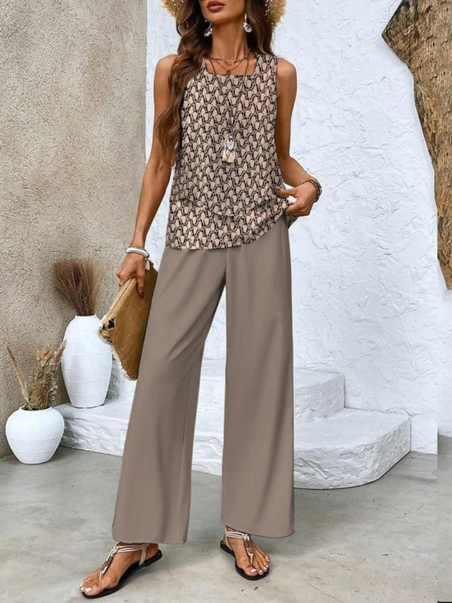 Sylvette Montcourt | Sleeveless Layered Top & Leaf-Print Wide-Leg Pants Set
