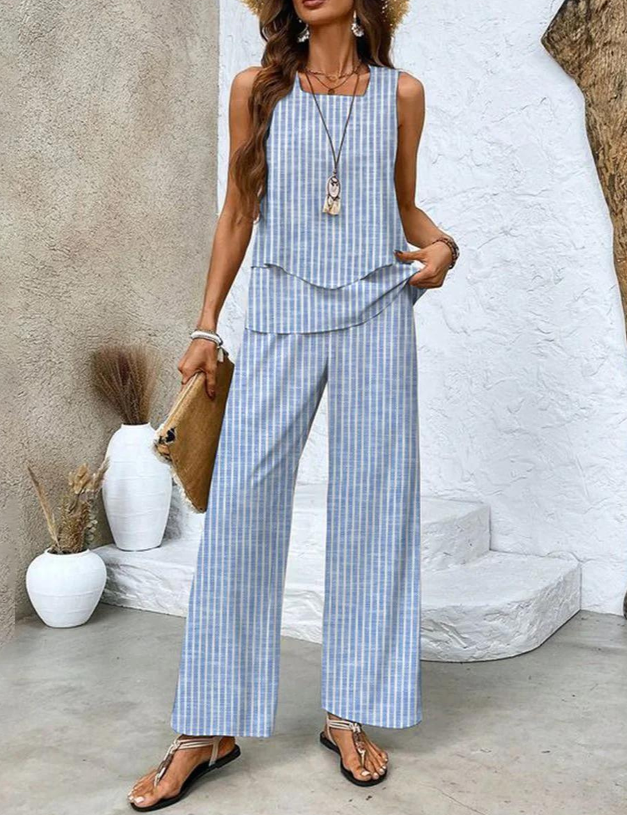 Sylvette Montcourt | Sleeveless Layered Top & Leaf-Print Wide-Leg Pants Set