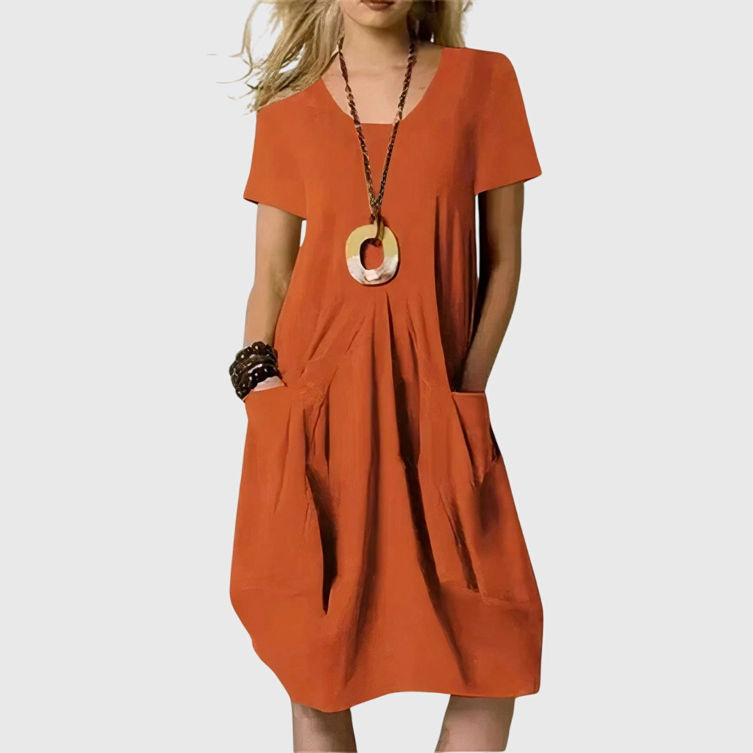 Maricel Fontenrose | Orange V-Neck Midi Dress with Pockets