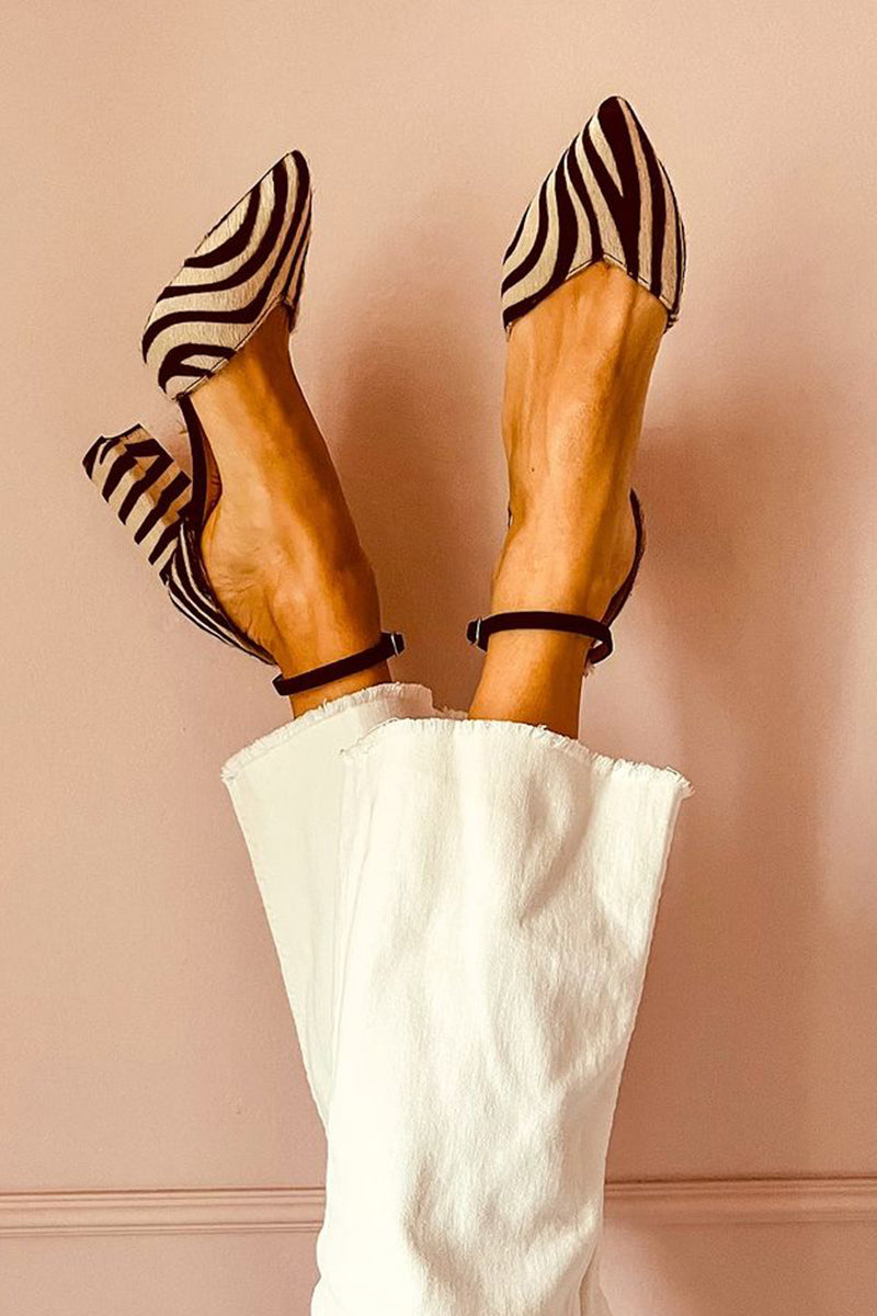 Estelle Fontenay | Zebra Print Ankle Strap Mid Heel Sandals