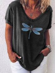 Celestine Roquefort | Dragonfly Print V-Neck Washed Pink Tee
