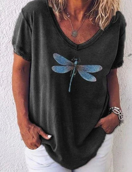 Celestine Roquefort | Dragonfly Print V-Neck Washed Pink Tee