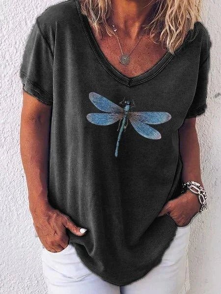 Celestine Roquefort | Dragonfly Print V-Neck Washed Pink Tee