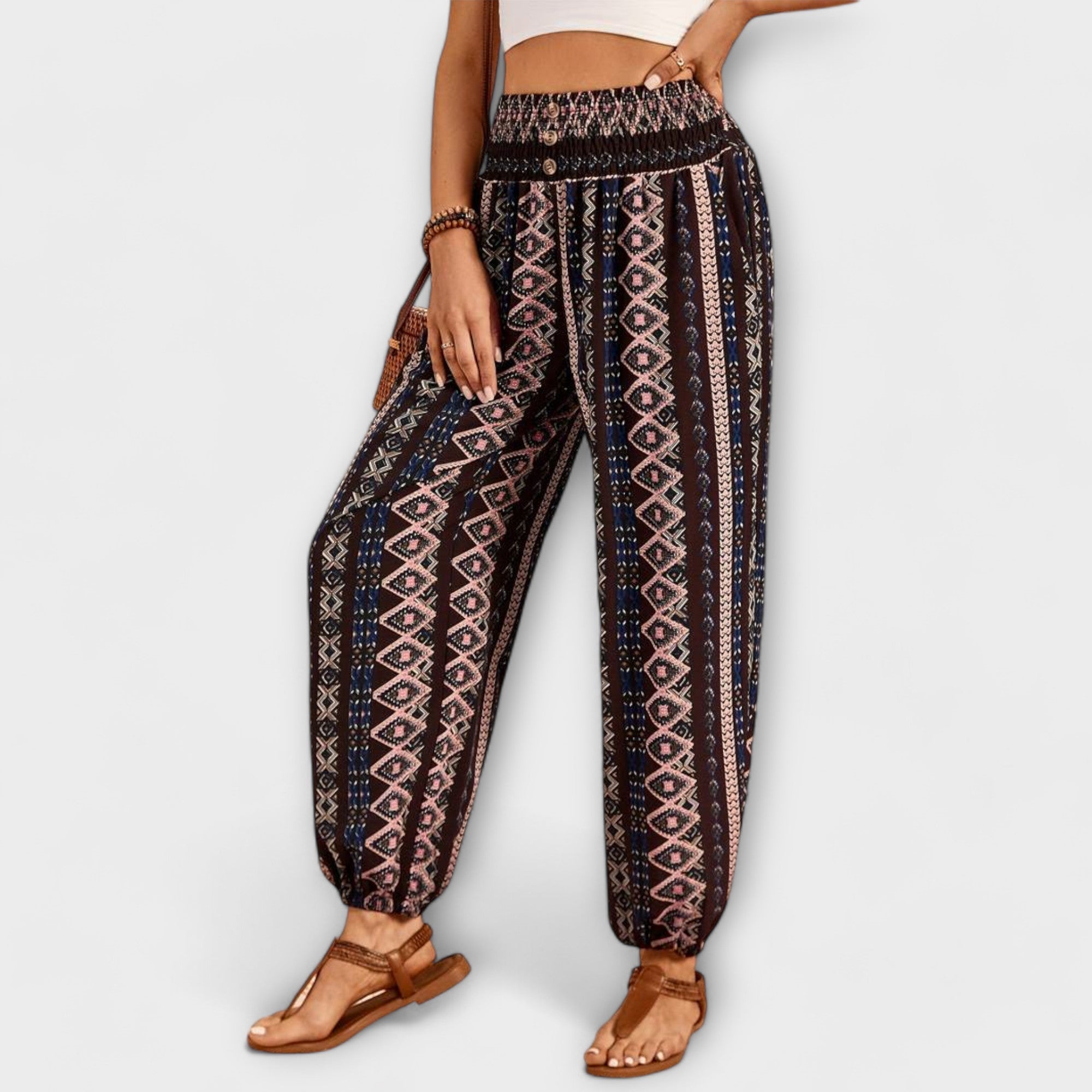 Coralie Deschamps | Boho Ethnic Print Smocked Waist Harem Pants