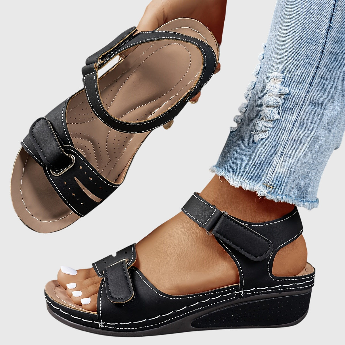 Margaux Ellison | Red Orthopedic Wedge Sandals with Hook-and-Loop Strap