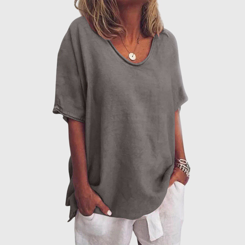 Constance Villaret | Loose V-Neck Top in Pink Cotton Linen