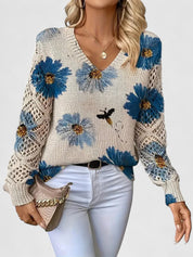Rosalinde Fonteclair | Floral Knit V-Neck Sweater with Lace Sleeves
