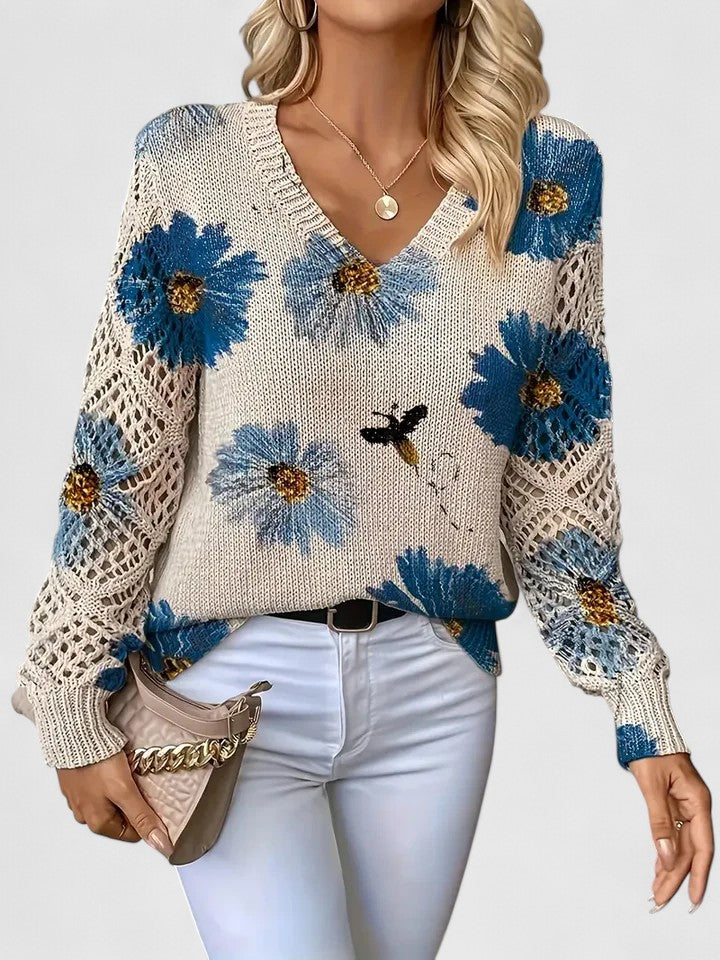 Rosalinde Fonteclair | Floral Knit V-Neck Sweater with Lace Sleeves