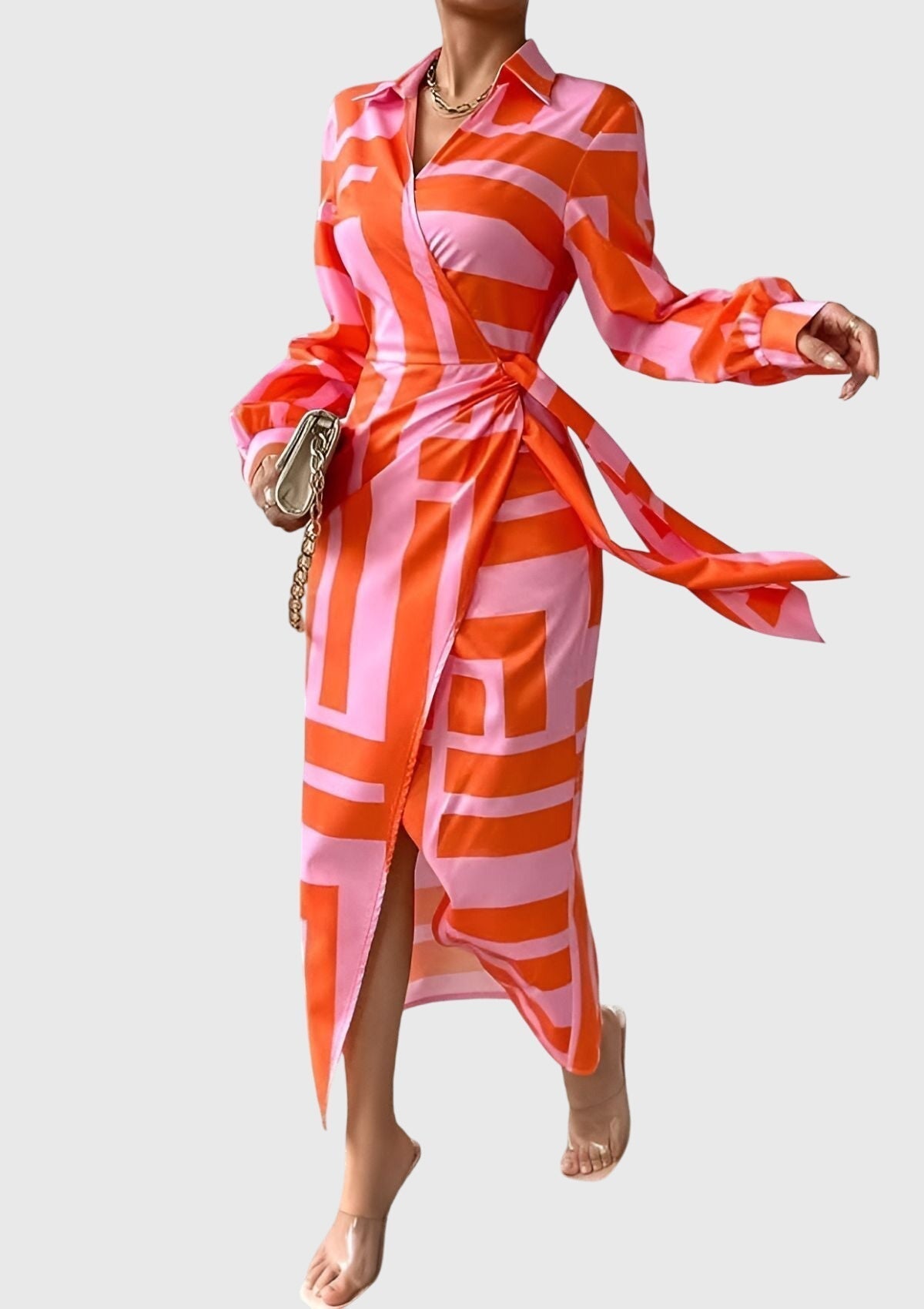 Ottilie Sancerre | Orange & Pink Geometric Print Wrap Midi Dress