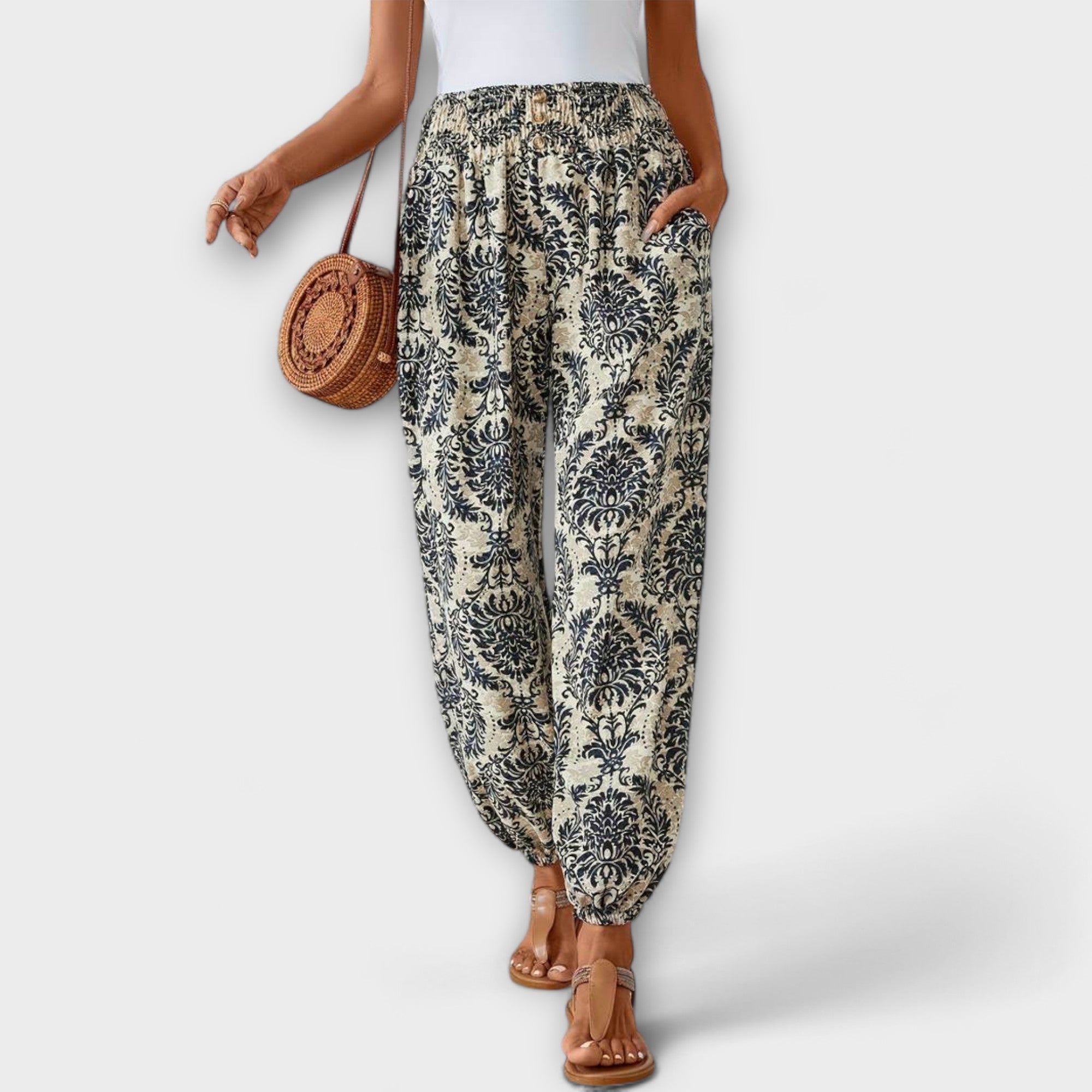 Coralie Deschamps | Boho Ethnic Print Smocked Waist Harem Pants