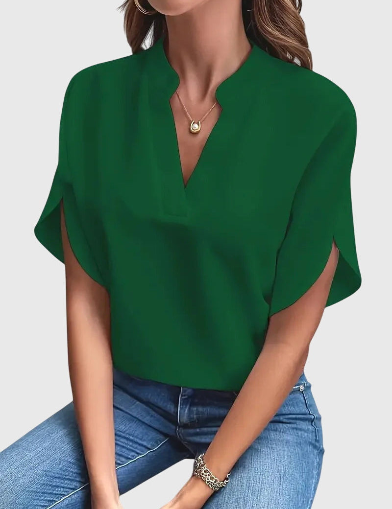 Sylvana Bretoncourt | White V-Neck Short Sleeve Blouse