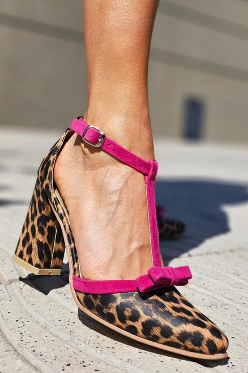 Félicienne Dubarre | Leopard Print T-Strap Block Heels with Pink Bow