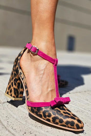 Félicienne Dubarre | Leopard Print T-Strap Block Heels with Pink Bow