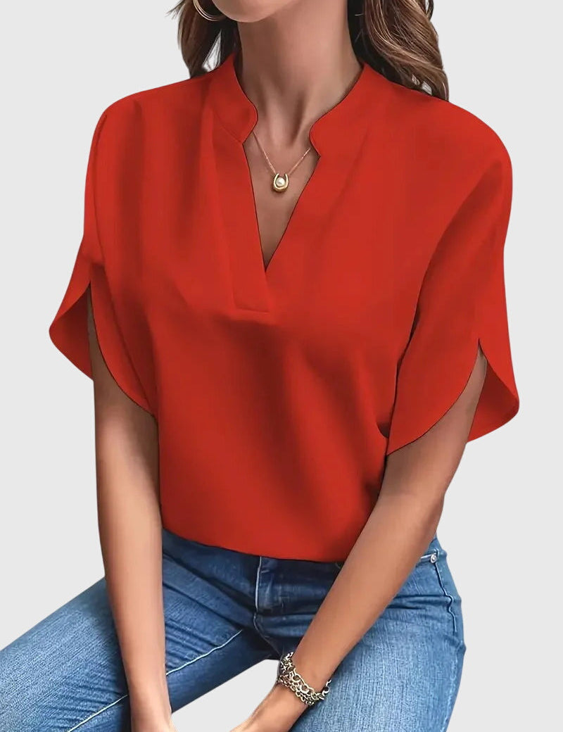 Sylvana Bretoncourt | White V-Neck Short Sleeve Blouse