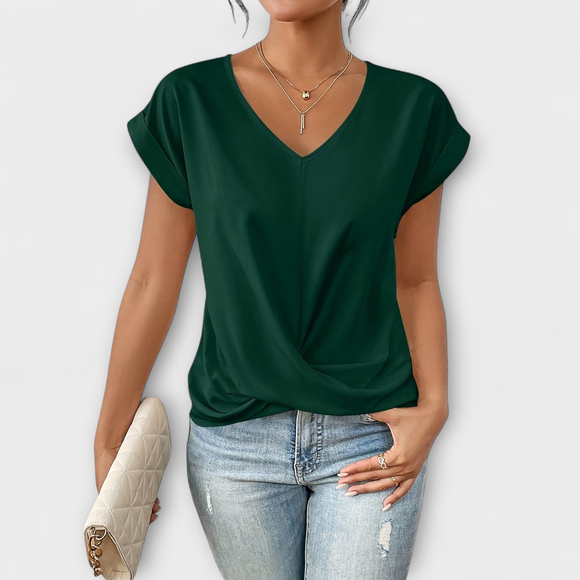 Léonie Charpentier | Brown V-Neck Twist Hem Short Sleeve Top