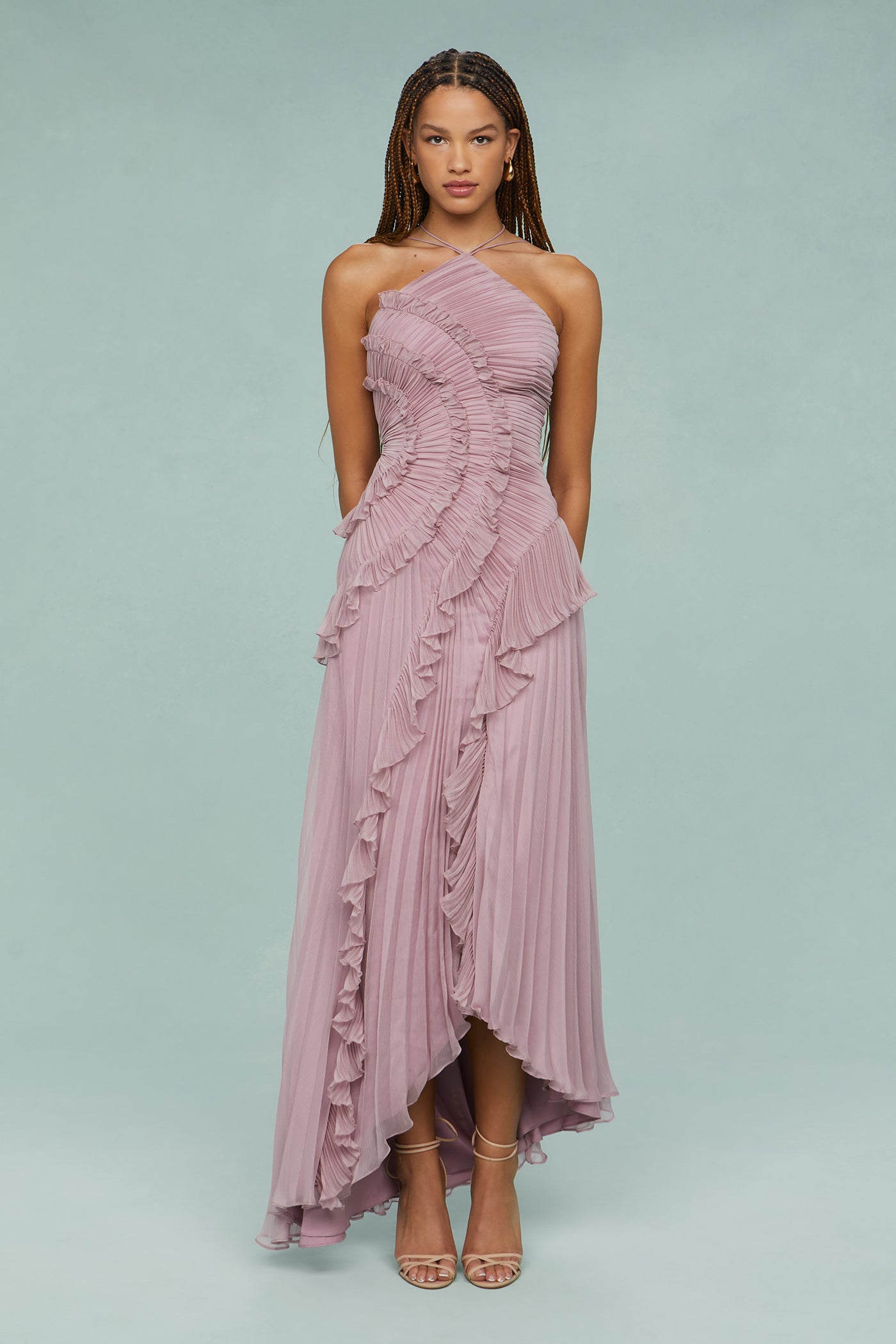 Céleste Vaudreau | Lavender Pleated Halter Midi Dress