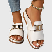 Marianne Velthorpe | White Gold Buckle Slip-On Flat Sandals