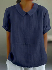 Evangeline Crestbourne | Sky Blue Peter Pan Collar Linen-Look Top