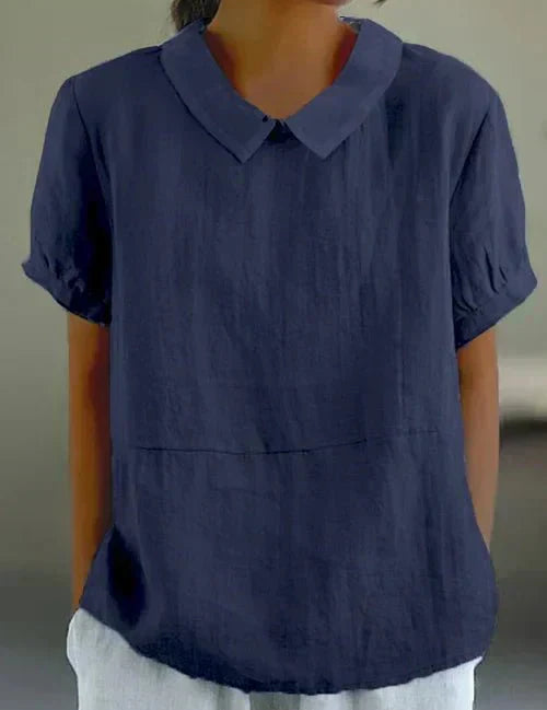 Evangeline Crestbourne | Sky Blue Peter Pan Collar Linen-Look Top
