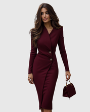 Genevra Ashcroft | Burgundy Long Sleeve V-Neck Midi Pencil Dress